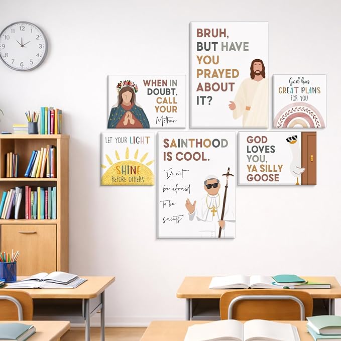 Framed Inspirational Christian Kids Wall Art for Classroom, Set of 6 Christian Nursery Kids Room Canvas Wall Decor, Sunday School Decorations for Classroom, Religious Bible Verses Posters