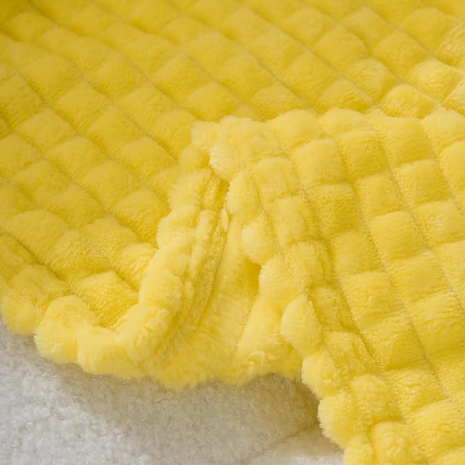 Puncuntex Fleece Throw Blanket Bright Yellow 50"×60"with Square Grid Design | Super Soft Plush Cozy Flannel Throw Blanket Luxury for Couch Sofa Chair