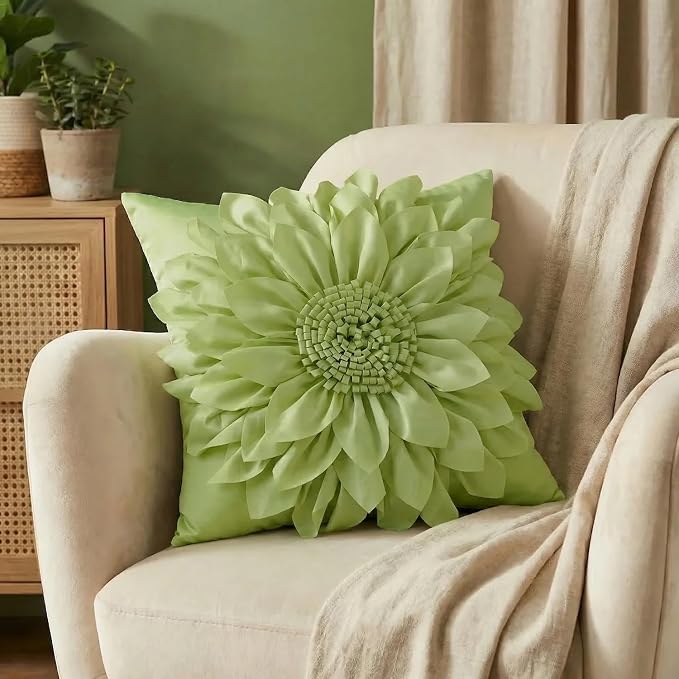 Sage Green Accent Flower Decorative Throw Pillow Covers for Bed Sofa Couch | Bella's Giftshop Handmade Sunflower Taffeta Pillow Cases Living Room Bedroom Decor, 18x18 Inch