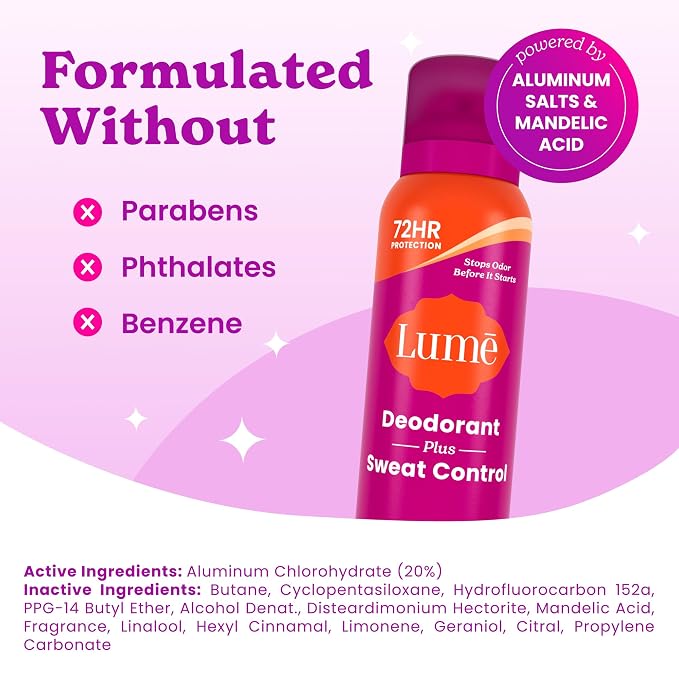 Lume Deodorant Plus Sweat Control - Invisible Spray - Extra Strength Antiperspirant For Underarms - 72 Hour Odor And Sweat Control - Baking Soda Free - 2 Pack (Clean Tangerine)