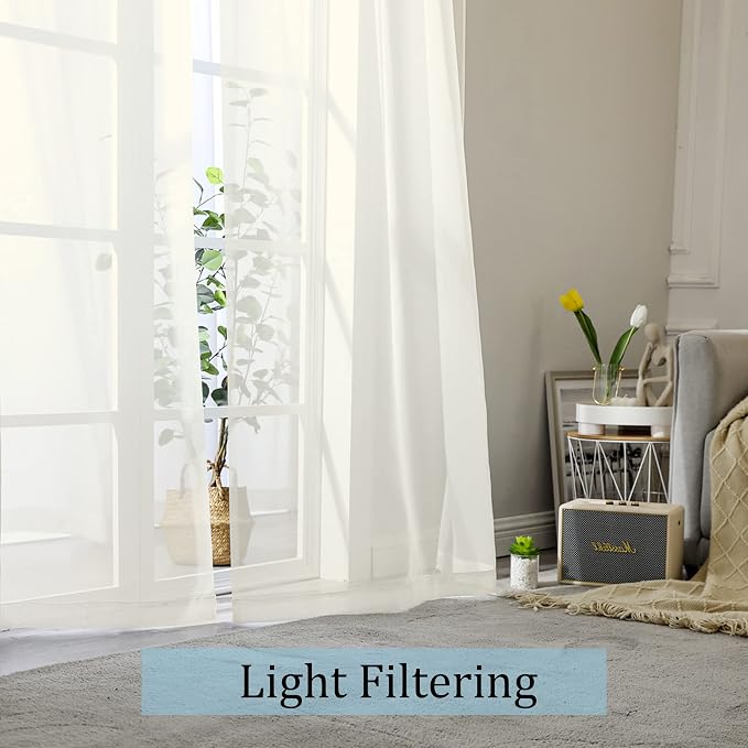 OWENIE Sheer Curtains Living Room 54 inches Long, Rod Pocket Curtain Sheers Bedroom, Light Filtering Voile Panels Drapes Basement Small Window Treatments 2 Panels, 42" W x 54" L, Ivory