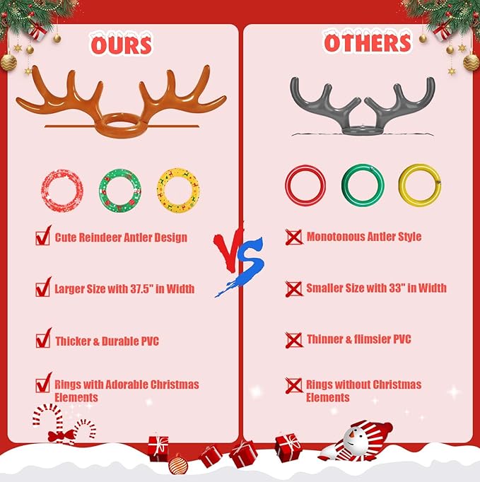 Christmas Games Gifts for Kids Teen Adults, Inflatable Reindeer Antler Ring Toss Game, Office Party Favors Supplies, Indoor Outdoor Carnival Holiday Family Party Toys