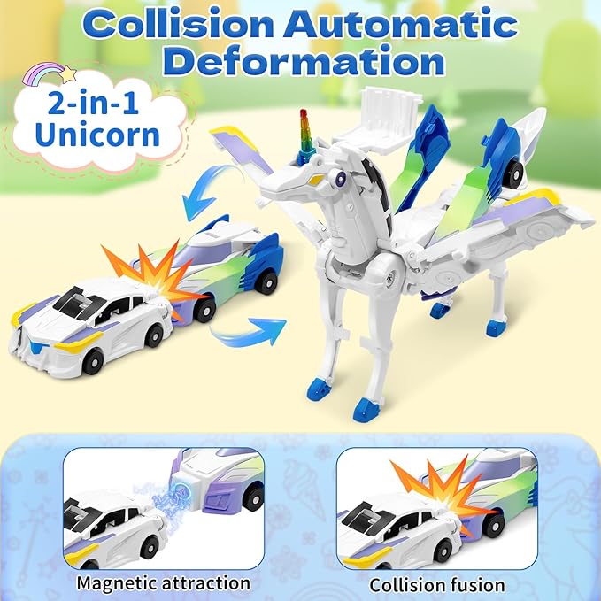 Unicorn Collision Transforming Cars Toy for Girls Boys, 2 Magnetic Cars Transform into Magical Unicorn Collision Transforming Robot Cars Toy Deformation Christmas Birthday Gifts for Kids Blue