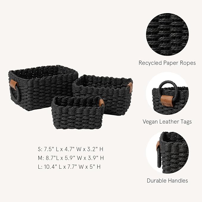 LA JOLIE MUSE Small Wicker Baskets for Organizing, Black 3 Pack | Decorative Organizer with Vegan Leather Tag, Round Handle, Storage Baskets for Shelves, Bedroom, Kitchen, Office and Home