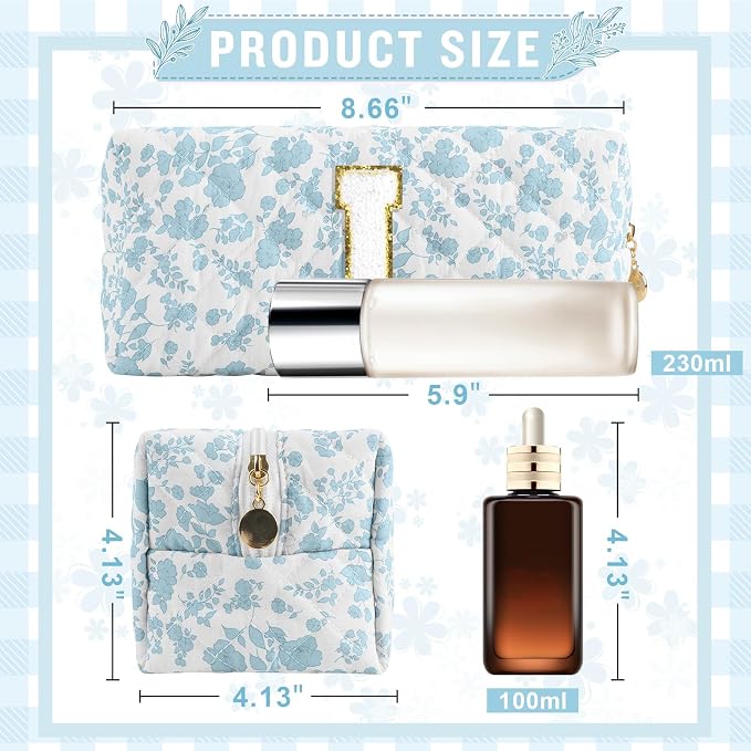 Personalized Quilted Cosmetic Bag, Puffy Monogrammed Christmas Birthday Gifts for Women & Girls, Cute initial Floral Makeup Bag Puffer Coquette Bag, Aesthetic Travel Toiletry Zipper Pouch(Blue,I)