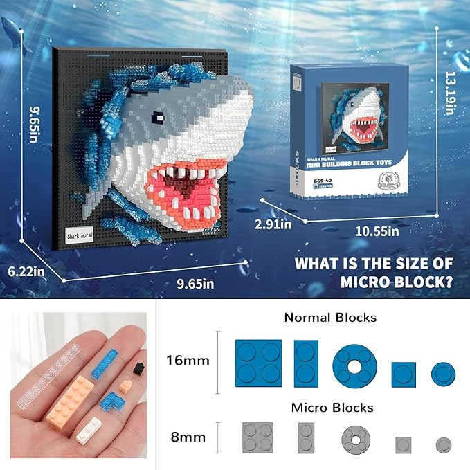 Shark Animal 3D Wall Art Micro Mini Building Blocks Set for Adults, Unique Home Wall Decor or Table Display, No Compatible with Lego, Ideal Birthday Toy for Kids Teens (2166 PCS)