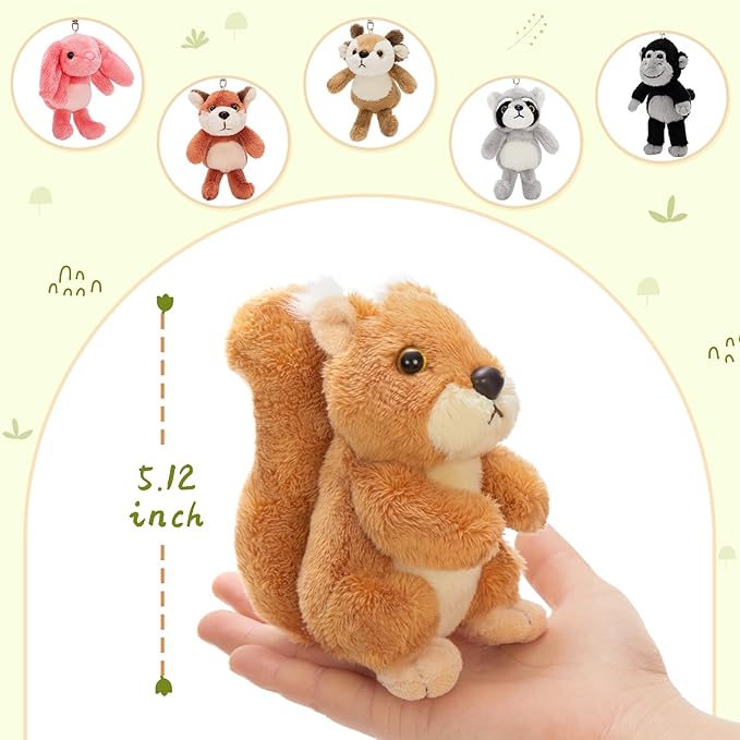 6Pcs Bulk Woodland Animal Stuffed Animal, 5" Raccoon Squirrel Fox Monkey Deer Bunny Plush Toy Keychain Pendants, Stuffed Forest Animals for Baby Shower Birthday Decor Backpack Charm
