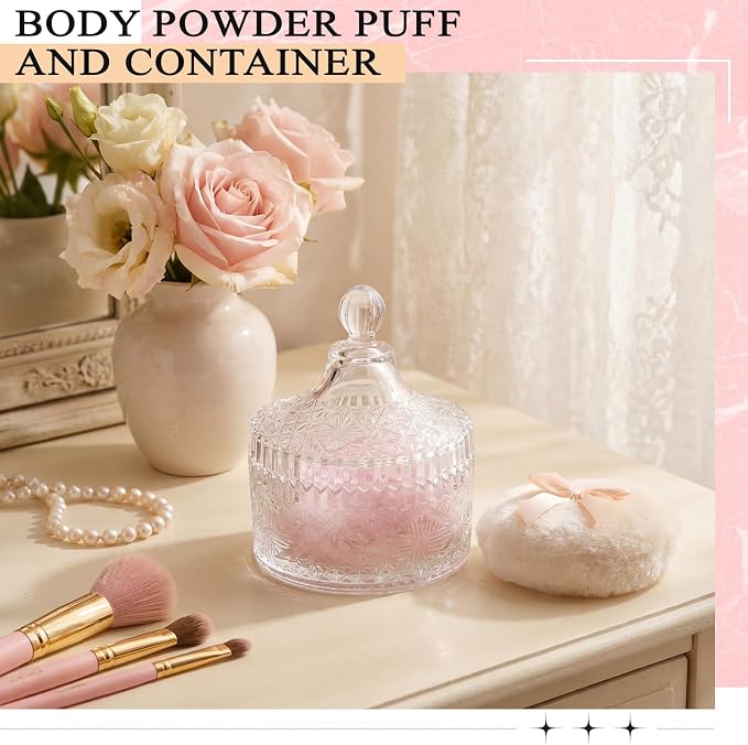 Tioncy 3 Pcs Large Body Powder Puff and Container Valentine's Day gift Powder Container with Puff Crystal Case Soft Washable Reusable Velour Face Body Glitter Wet Dry Makeup(Vintage Embossed,Clear)
