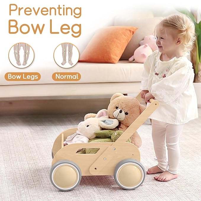 HOMEKOL Wooden Baby Push Walker, Natural Wood Color | Adjustable Height, with Rubber Wheels, for Boys and Girls, Gift for Birthday, Christmas and New Year