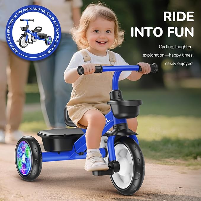 Umatoll Tricycle for Toddlers 2-5 Year Old, Ajustable Toddler Bike Outdoor Toys, Birthday Gift for Boy Girl Age 2-4, Trike with Light up Wheels (Blue)