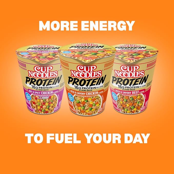 Nissin Cup Noodles Protein Ramen, Beef Flavor with Bone Broth, 16g Protein, 2.54 Ounce Cup (Pack of 6)
