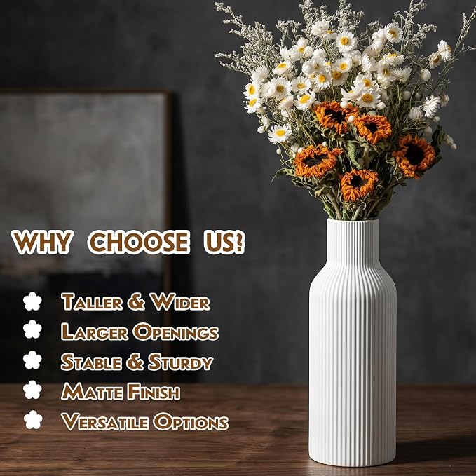 Large White Tall Ceramic Vase,Modern Matte Vertical Ribbed, Nordic Minimalist for Pampas, Dried & Fresh Flowers,Home Decor for Living Room, Coffee Table, Bookshelf, Entryway, Farmhouse