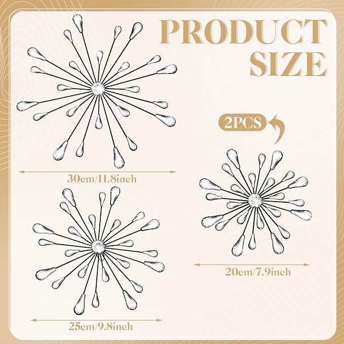 Hicarer 4 Pcs Starburst Wall Decor Bling Wall Art Crystal Teardrop 3D Hanging Rhinestone Radial Metal Artwork Modern Accent Sculptures Decorations for Living Room Home Office Bedroom(Black)