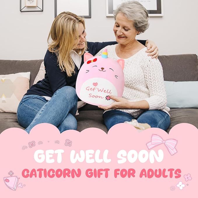 Get Well Soon Caticorn Plush, Cute Pink Caticorn Stuffed Animal, Soft Feel Better Gifts for Kids Women Men