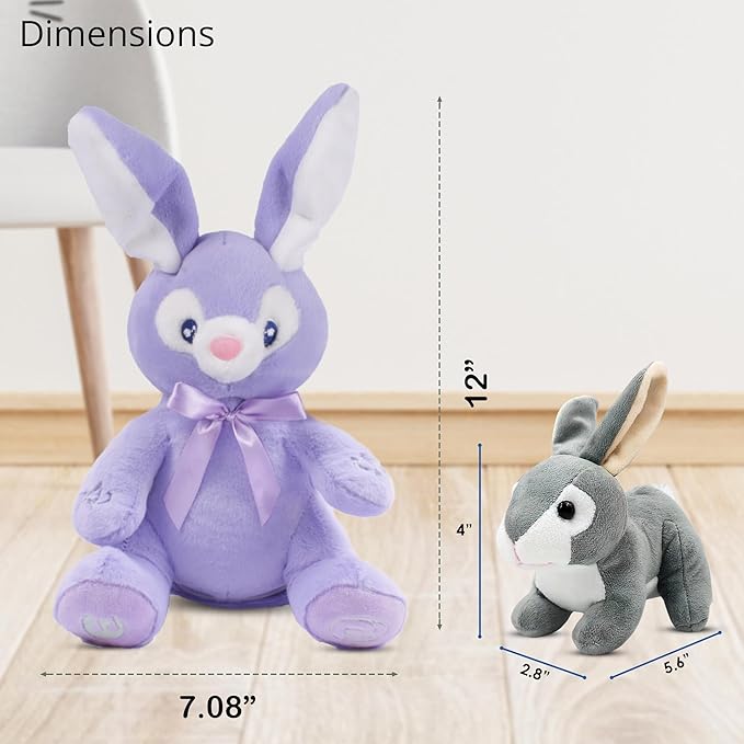 Dimple Bunny Set - Bella Animated Interactive Purple Bunny with Peek-a-Boo Feature and Singing Songs Plus Super-Soft Grey Baby Rabbit Plush - Perfect Baby Plush Toy Gift for Ages 0 and Up
