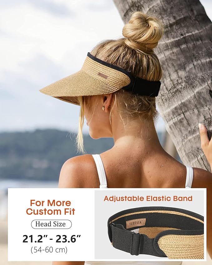 FURTALK Womens Sun Visor Hat Straw Sun Visors for Women Summer Packable Ponytail Beach Hats for Women Travel UPF 80+