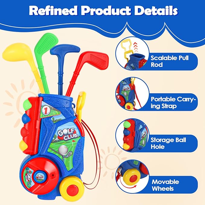 SUPER JOY Toddler Golf Set with Mat, Kids Golf Cart with 4 Clubs & 8 Balls, Indoor Outdoor Golf Toys for Boys Girls, Mini Golf Birthday Gifts for Baby 3-5 Years Old