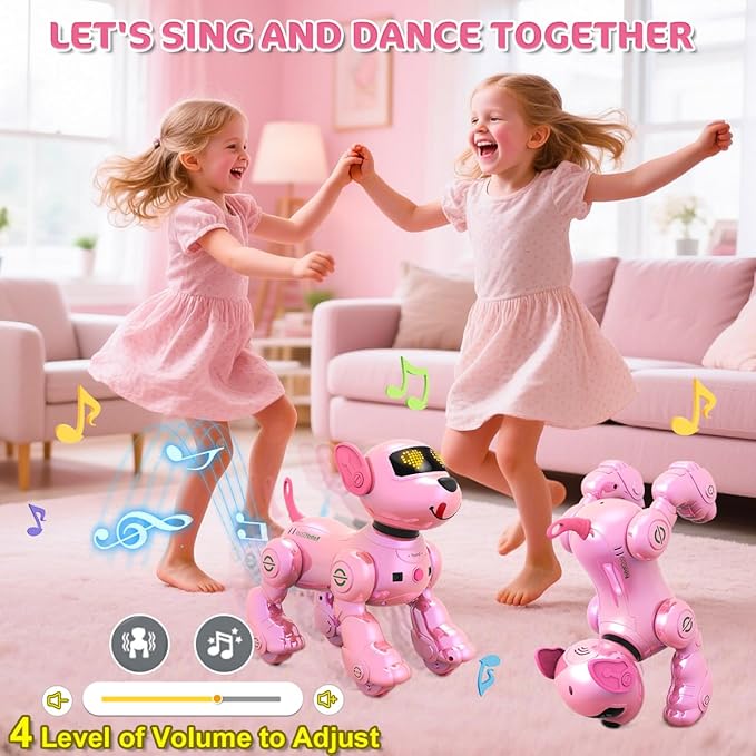 VATOS New Kids Smart Remote Control Robot Dog,17 Fun Interactive Functions Intelligent Programmable Kids Robotic Puppy with 2 Batteries, Singing Dancing Walking Robot Dog Toy for Girls 3-8 Year Pink