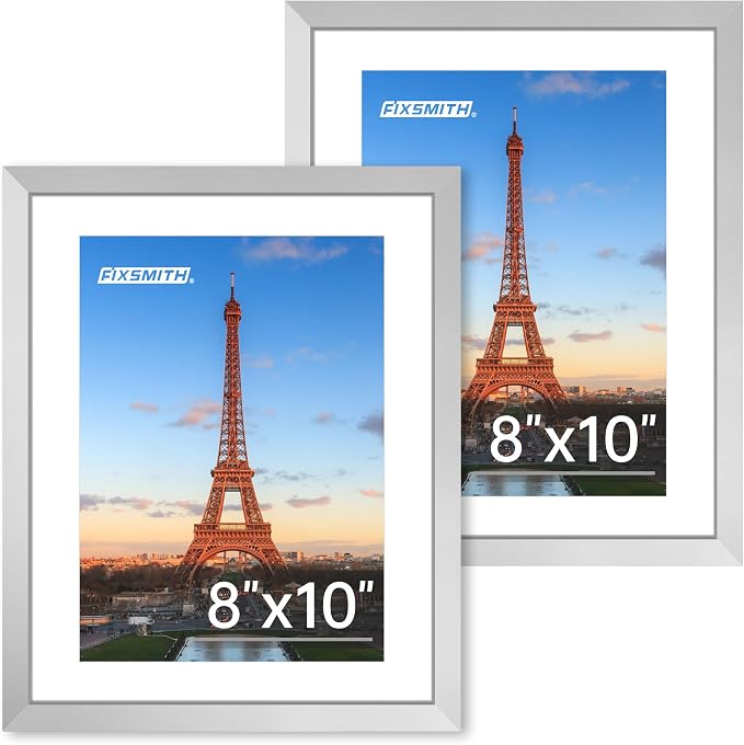 FIXSMITH 8x10 Picture Frame Set of 2, Silver Photo Frame with HD Plexiglass, Display Pictures 5x7 with Mat or 8x10 Without Mat Multi Picture Frames Collage for Tabletop or Wall Display