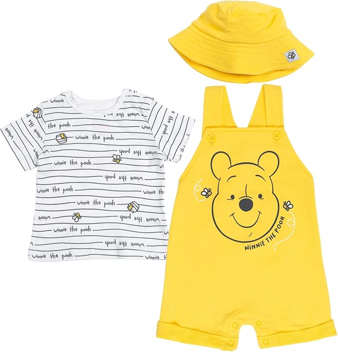 Disney Winnie the Pooh Baby Short Overalls, T-Shirt & Hat 3 Piece Outfit Set Newborn to Infant Sizes (0-24 Months)