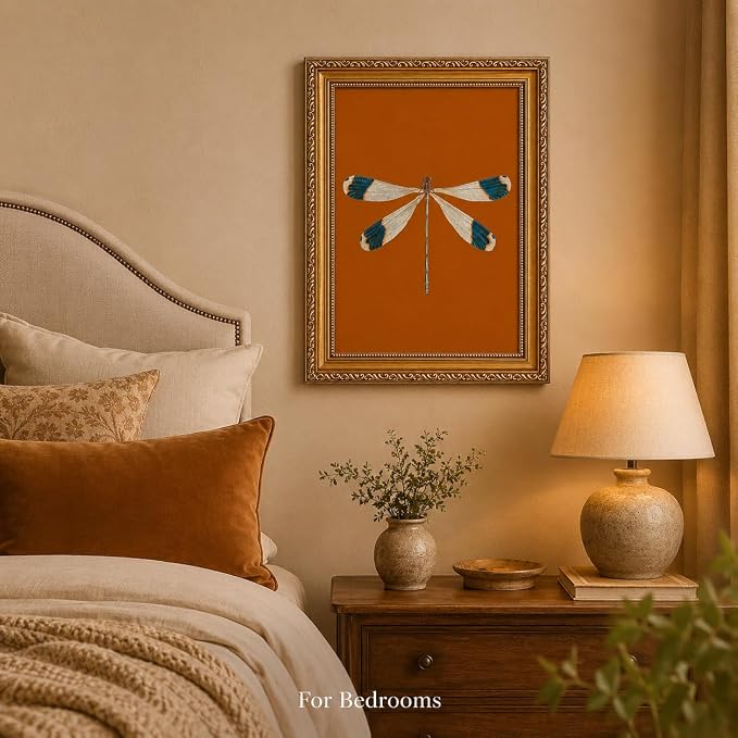 Gold Framed Dragonfly Wall Art,Antique Insect Picture Wall Decor11x9in | Burnt Orange Background Canvas Print Cottagecore For Bedroom, Study,Hallway,Entryway