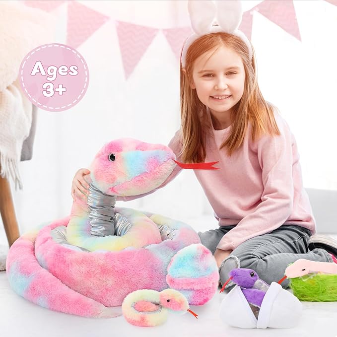 MaoGoLan 8Pcs Rainbow Snake Stuffed Animal 118 inch Giant Stuffed Snake Mommy with 4 Babies & 3 Eggs Inside, Bulk Large Boa Constrictor Plush for Boys Girls Kids Halloween Prank Props Gifts