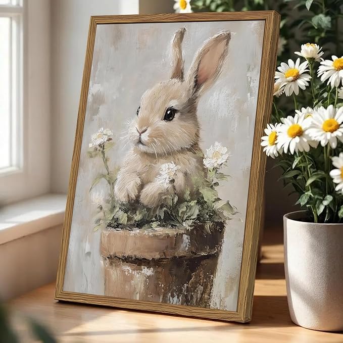 Framed Vintage Easter Bunny Wall Art, Cute Cottagecore Rabbit Floral Pictures Wall Decor, Spring Farmhouse Animal Paintings Prints Rustic Home Decor for Living Room Bedroom Nursery 8x10 inch