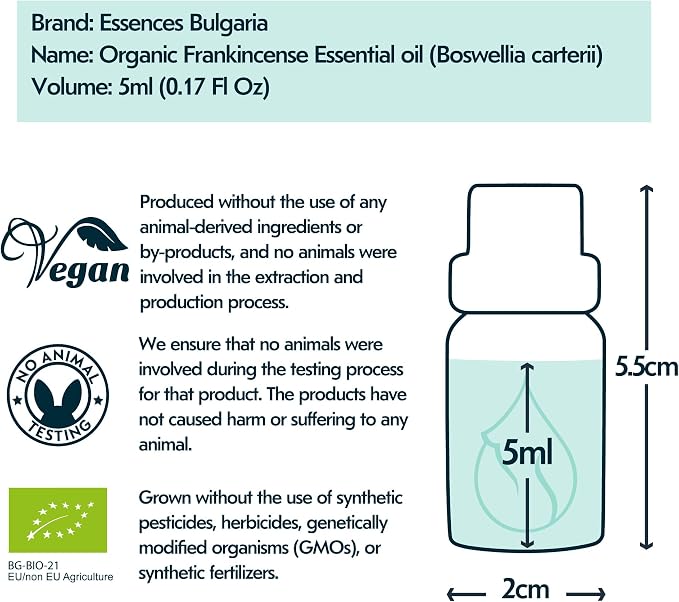 Essences Bulgaria Organic Frankincense Essential Oil 0.17 Fl Oz 5ml Boswellia Carterii - 100% Pure and Natural Undiluted Therapeutic Grade for Aromatherapy with Diffuser or Air Purifier Body Massage