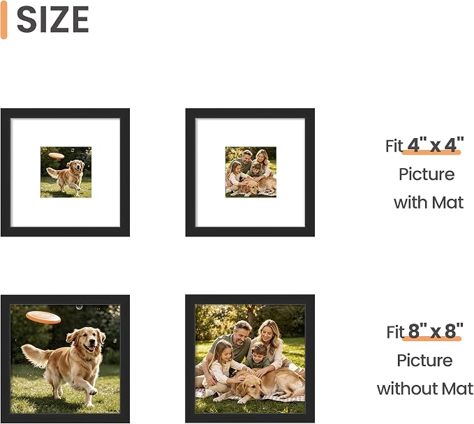 upsimples 8x8 Picture Frame Set of 5, Display Pictures 4x4 with Mat or 8x8 Without, Wall Gallery Poster Frames, Black