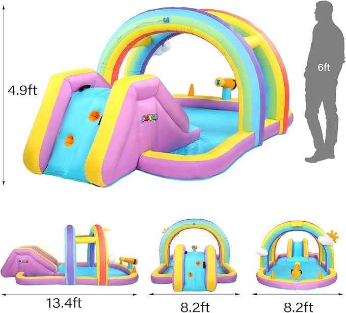 JOYMOR Inflatable Water Slide w/Climbing Wall, Water Cannon, Basketball Hoop, Kids Water Slide Bounce House w/Arch Sprinklers, 30s Blow Up Water Slide for Kids Backyard Party (Air Blower Included)