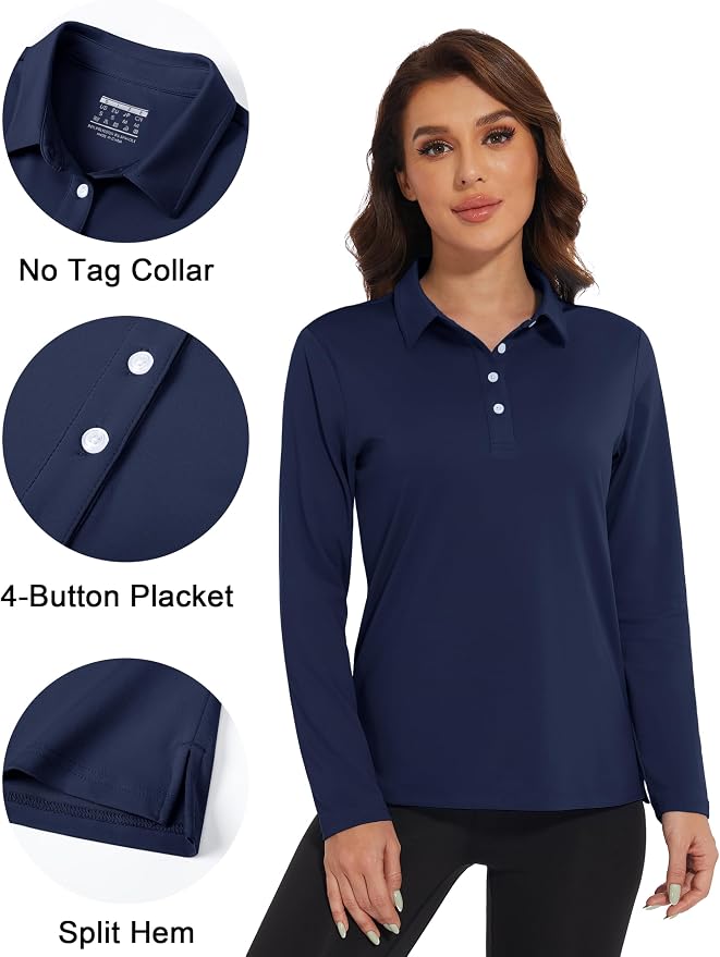 MAGCOMSEN Long Sleeve Polo Shirts for Women Golf Tops with Collar Work | UPF 50+ Sun Protection, 4 Buttons, Moisture Wicking, Breathable, 4-Way Stretch, Collared, Quick Dry, Active, Casual, Tennis