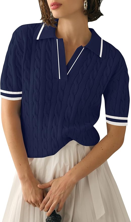 Micoson Womens Short Sleeve Sweater Tops Lapel V Neck Polo Shirts 2026 | Summer Cable Knit Loose Blouses, Business Casual Outfits