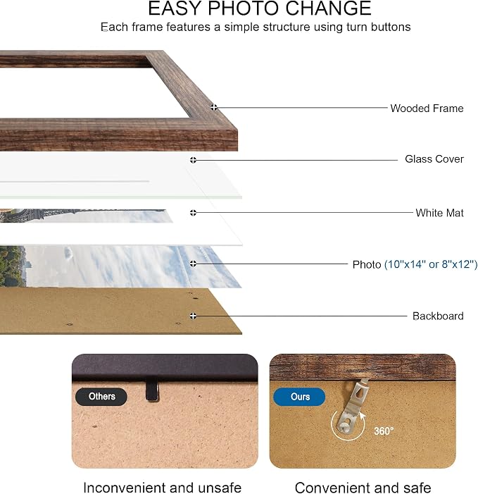 Hongkee 10x14 Picture Frame Set of 4, Made of Glass and Rustic Brown Wooden Frame, Display 8x12 Pictures with Mat or 30 x 40cm Diamond Painting Art without Mat for Wall Mounting, Gallery Photo Frames