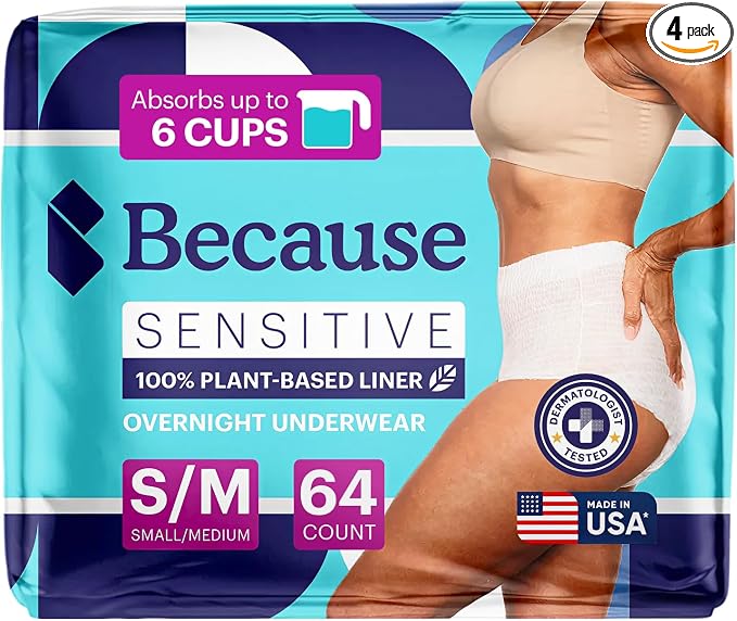 Because Adult Incontinence Underwear for Sensitive Skin - Women - Premium Overnight Disposable Briefs, Anti Odor - White, Small/Medium - Absorbs 6 Cups - 64 Count (4 Packs of 16)