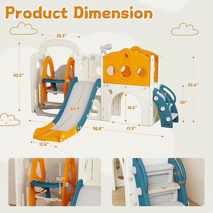 GITAWUSA 9 in 1 Toddler Slide and Swing Set, Slide for Toddlers 1-3, Kids Indoor Outdoor Playset Playground with Basketball Hoop, Telescope