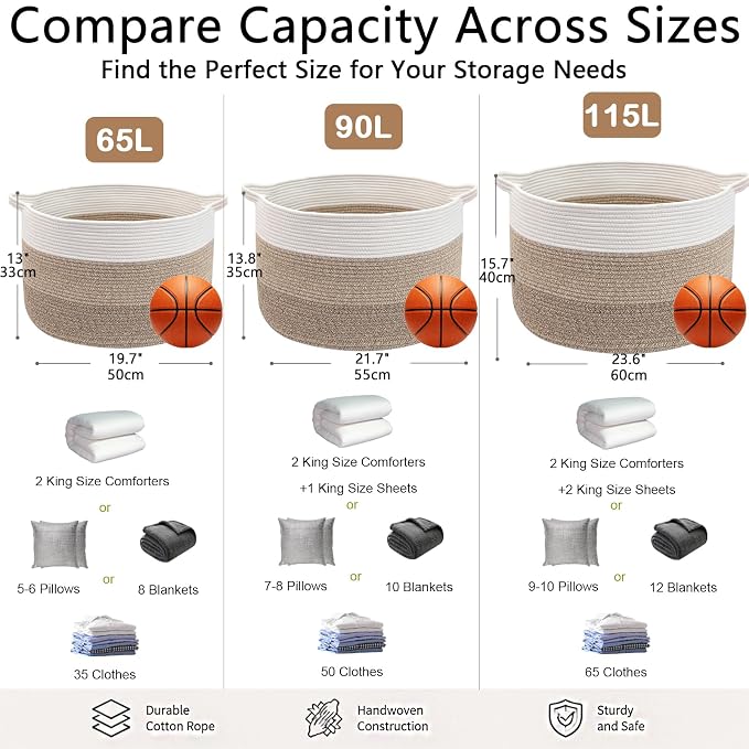 65L Large Blanket Basket,Woven Rope Laundry Basket-Mix Brown | Collapsible Nursery Storage Bin with Sturdy Handles, Organizes Clothes, Toys and Pillows for Living Room, Bedroom, Bathroom