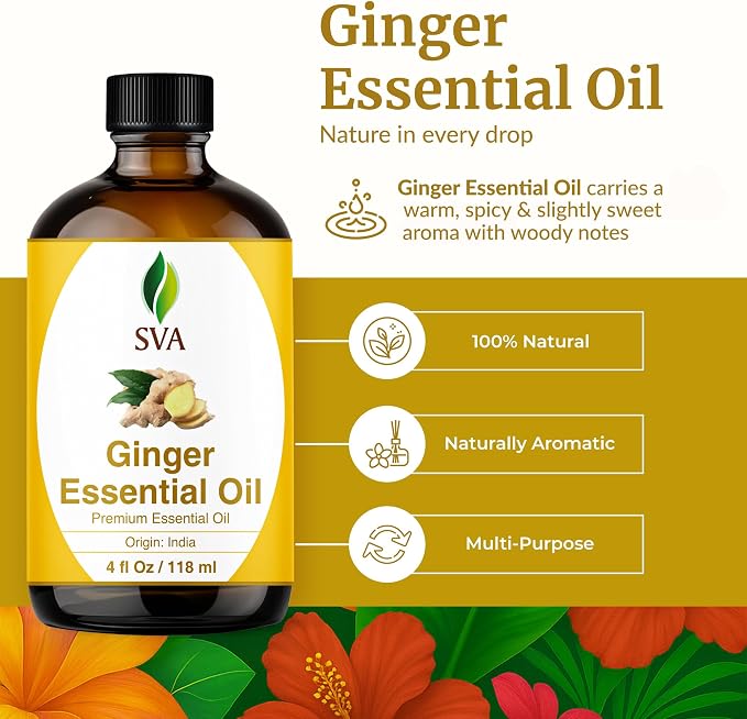 SVA Ginger Essential Oil 4 Fl Oz – for Diffuser, Skin & Hair Care – Ideal for Massage & DIY Blends - with Dropper