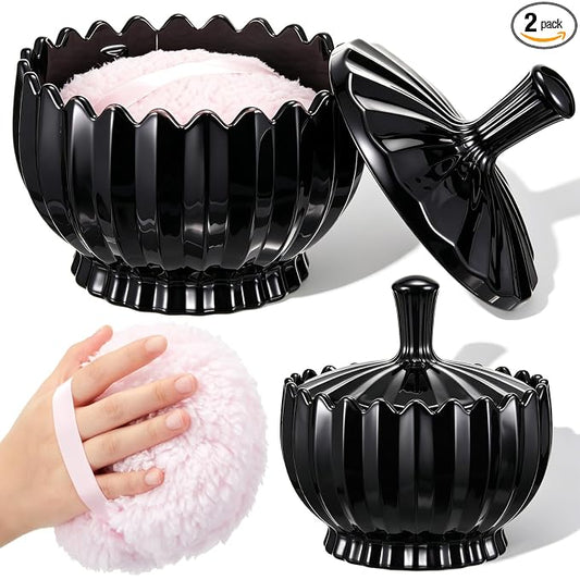 Tioncy 2 Pcs Extra Large Dusting Powder Puff and Container for Women-6'' Glass Crystal Dusting Powder Container Soft Washable Reusable Velour Face(Black,Scalloped)