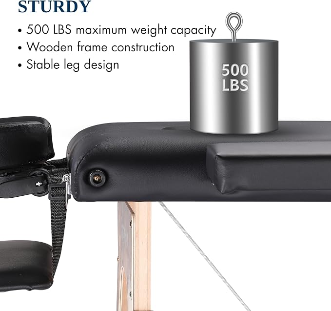 Portable Massage Table Massage Bed Professional SPA Reiki Eyelash Salon Bed, Wooden Frame Height Adjustment Accessories, Black (3-Section)