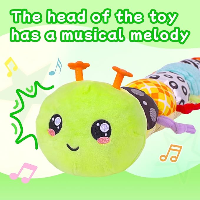 2026 Upgraded Baby Musical Plush Caterpillar Toy - Soft Sensory Toy for 0-12 Months, Tummy Time & Head-Lifting Support with Rattle, Rustling Sounds & Mirror, Ideal Baby Shower Gift