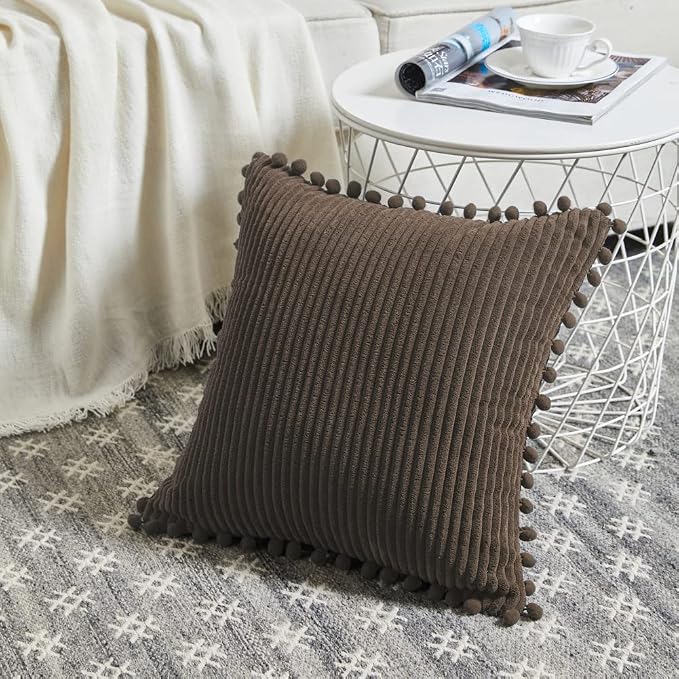 Fancy Homi Pack of 2 Dark Brown Decorative Throw Pillow Covers 12x12 Inch with Pom-poms for Couch Bed, Soft Corduroy Solid Square Cushion Case 30x30 cm, Farmhouse Boho Home Decor