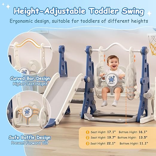 BIERUM Toddler Swing and Slide Set - 6 in 1 Baby Slide for Toddlers Age 1-2, with Basketball Hoop, Soccer and Golf Game, Indoor Outdoor Toddler Playset Blue