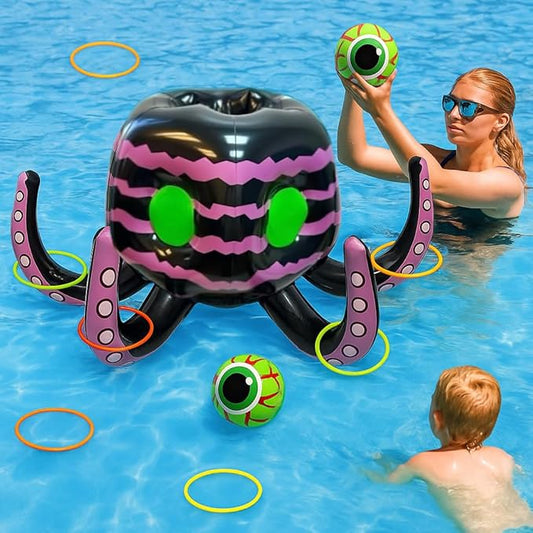 GIFTEXPRESS Halloween Ring Toss Game and Decor 4-in-1 – Trunk of Treat Inflatable Octopus Sea Creature Candy Bowl, Cooler, Basketball Hoop & Pool Toy, Indoor/Outdoor Party Game for Kids & Adults