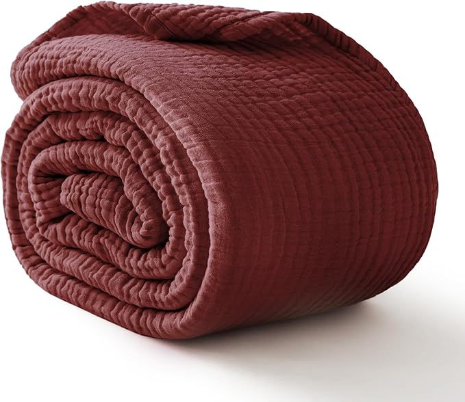 100% Cotton Muslin Blanket Queen 90" x 90", 6 Layers Breathable and Lightweight Cotton Throw Blankets for Bed, Soft Cooling Summer Gauze Blanket for Adults All Season, Burgundy