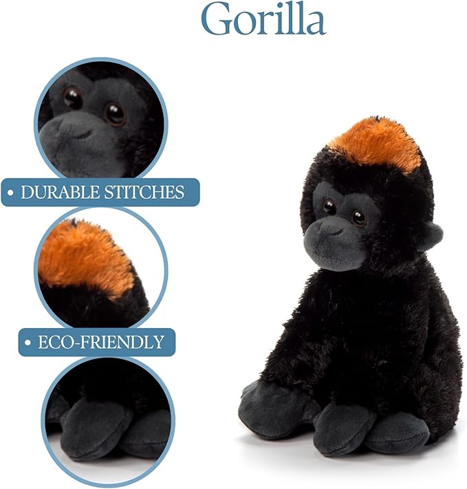 The Petting Zoo Gorilla Stuffed Animal Plushie, Gifts for Kids, Scoopz Wildlife Animals, Black Gorilla Plush Toy, 8 inches