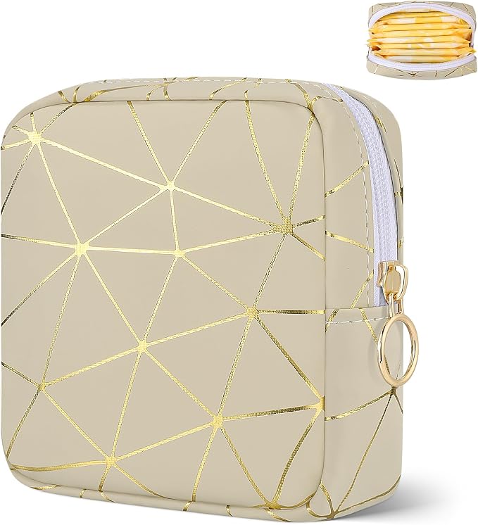 Likesing Sanitary Napkin Storage Bag, Leather Portable Period Bag for Girls Women, Sanitary Napkin Period Pad Pouch Tampon Holder for Purse (Beige Gold, Small-5.1")
