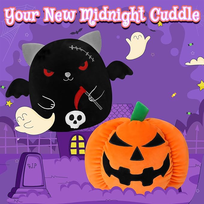 Halloween Reversible Pumpkin Plush, Soft Black Cat Stuffed Animal with Bat Wings and Skull, Halloween Plush Gift Home Decor for Boys Girls 10 Inch