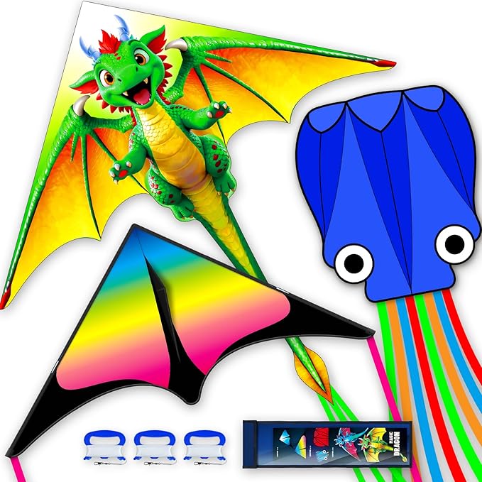 SGftre 3 Piece Set Butterfly Delta Octopus Kites for Kids and Adults，Easy to Fly for Outdoor Adults Children Line Kite for Kids Toy (Green Dragon+ Delta+Octopus Blue, 3)