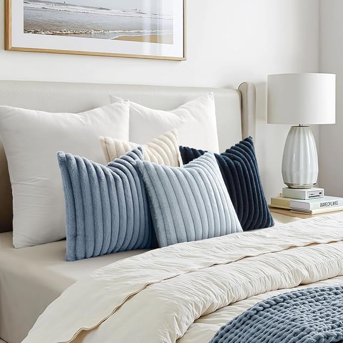 MIULEE Faux Fur Plush Decorative Throw Pillow Covers 18x18, Navy Blue | Set of 4, Striped, Soft Coastal Modern Cozy Home Decor, Cushion Cases for Sofa Couch Bed Living Room