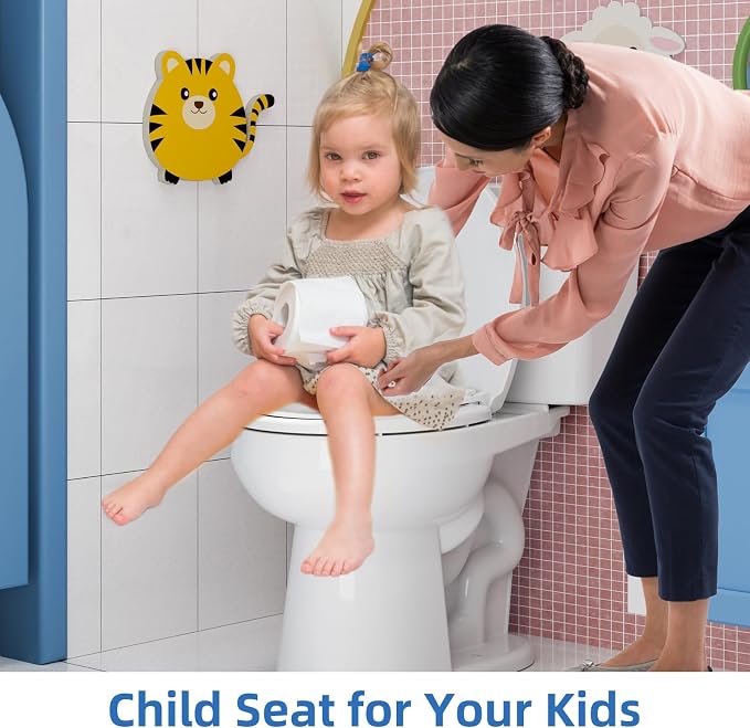 Round Toilet Seat, Toilet Lid Slow Close Quiet No Thud, Magnets Down Lock Quick Release Full Flat Potty Training Toilet Seat with Child Toddler Seat White, 17" Bunk Cover